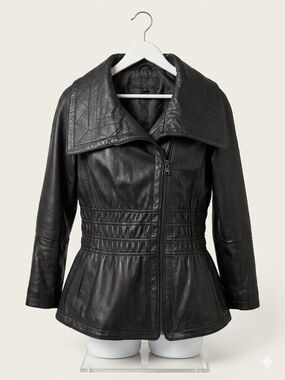 Vintage Baby Phat Black Butter Soft Quilted-Collar Leather Jacket Peplum L‎